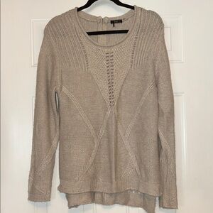 Dex Roll Neck Sweater L Tan Open Knit Detail Hi/Low Hem Casual Classic